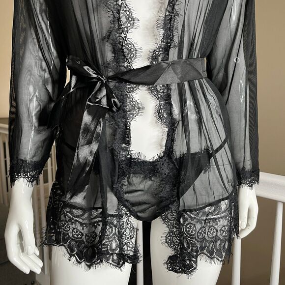 Sexy Romantic Sheer Black Lace Robe G String Thong Women's Size L #680 - Picture 5 of 12